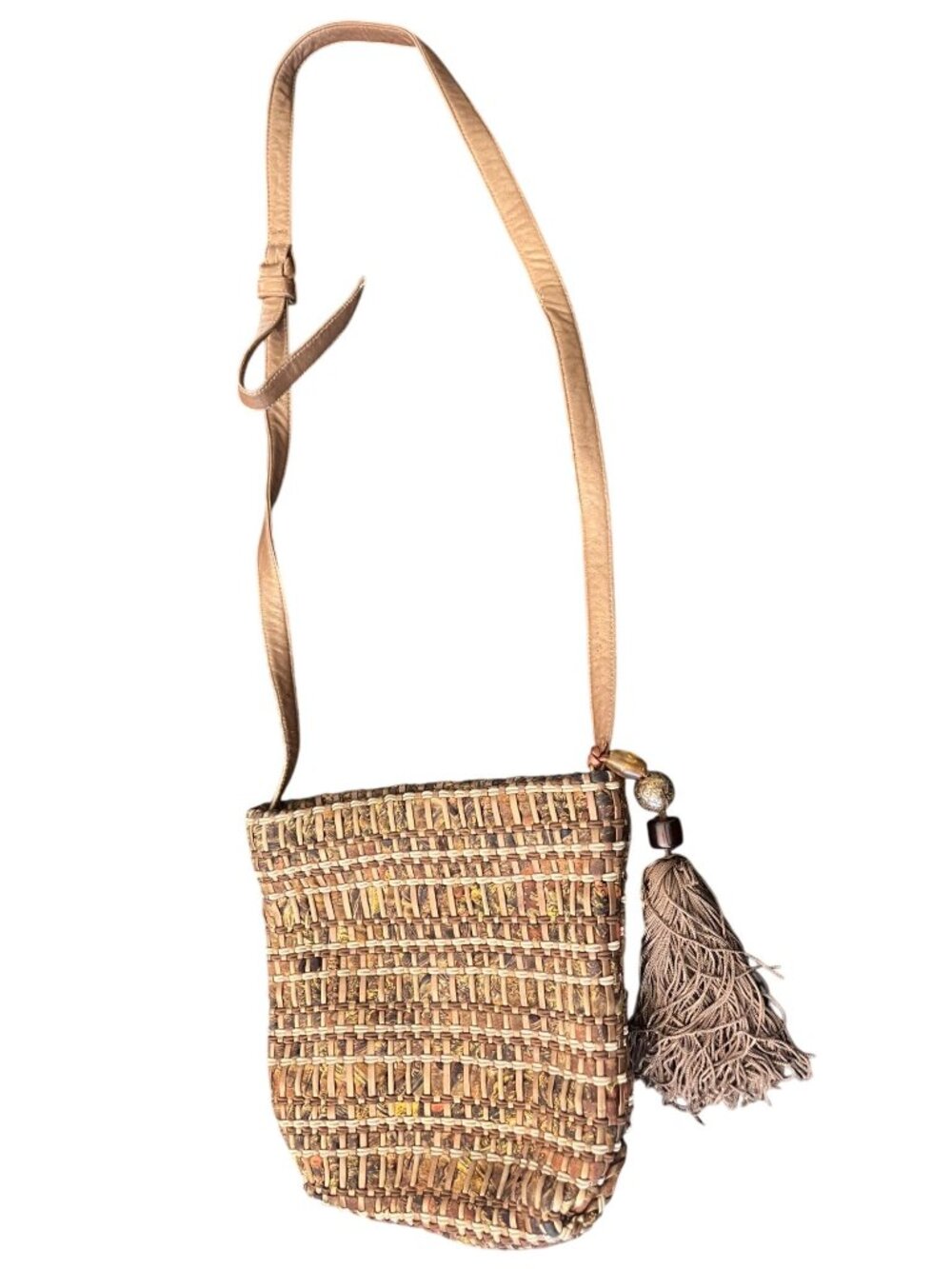 Vintage Sharif Leather Woven Crossbody Bag With Tassel Made in USA